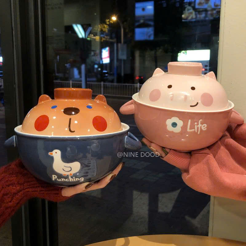 Tô Sứ Úp Mỳ Hình Con Vật Cute - Bát Ăn Mỳ Tôm 700ml 2 Công Dụng Gốm Sứ Cao Cấp