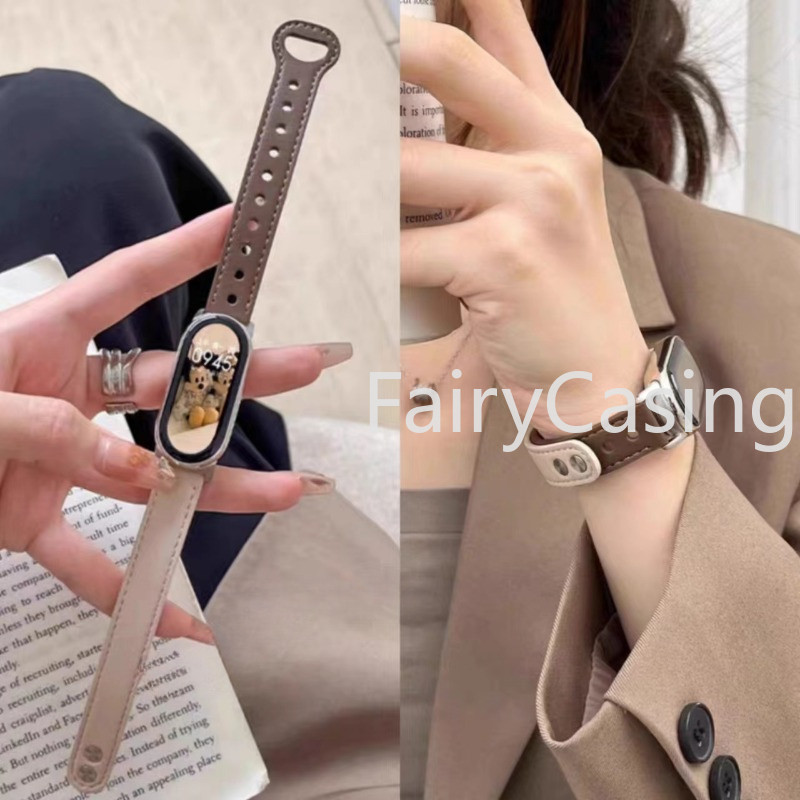 Dây đeo cho Xiaomi Mi Band 10 9 8 7 Dây đeo cổ tay bằng da NFC cho Miband 6 Vòng đeo tay phiên bản toàn cầu cho Mi Band 5 / 6 / 3 / 4 Correa Móng tay đôi