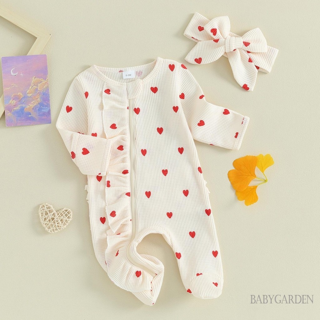 Baga-cô gái sơ sinh Ngày lễ tình nhân Áo liền quần có băng đô dài tay cổ tròn in hình trái tim Ruffle Dây kéo Quần áo trẻ em 0-6M