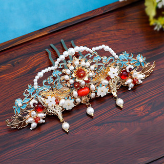 Phong cách cổ xưa Phụ kiện tóc thủ công Ming Made Tang Style Burnt Blue Hair Crown Hanfu Mũ đội đầu cô dâu Phong cảnh tuyệt đẹp Màu xanh tinh tế Lược tóc phong cách cổ xưa Phụ kiện tóc thủ công Ming Made Tang Style Burnt Blue Fever Crown Hanfu Bridal Head
