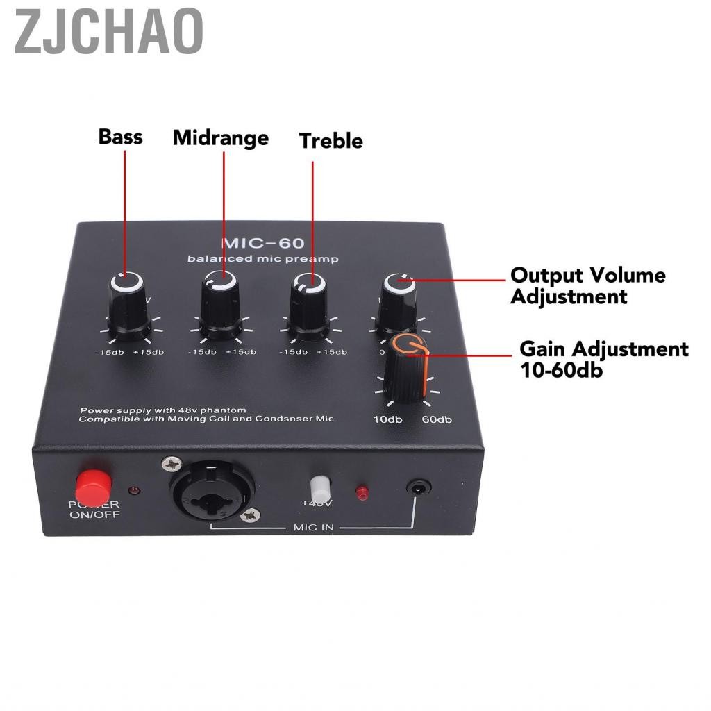 Zjchao Micrô Preamp tăng cường chất lượng âm thanh 48V Power XLR Đầu ra động và tăng cường Mic Boos