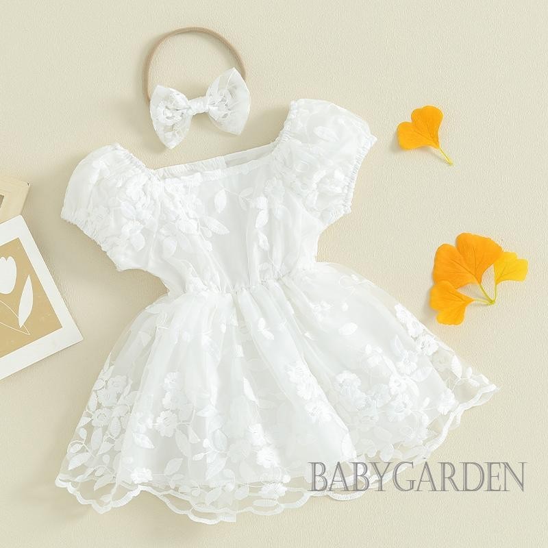 Baga-baby Bé Gái Rompers Đầm Hoa Thêu Tay Phồng Lớp Tulle Viền Trẻ Sơ Sinh Body Có Băng Đô Trắng