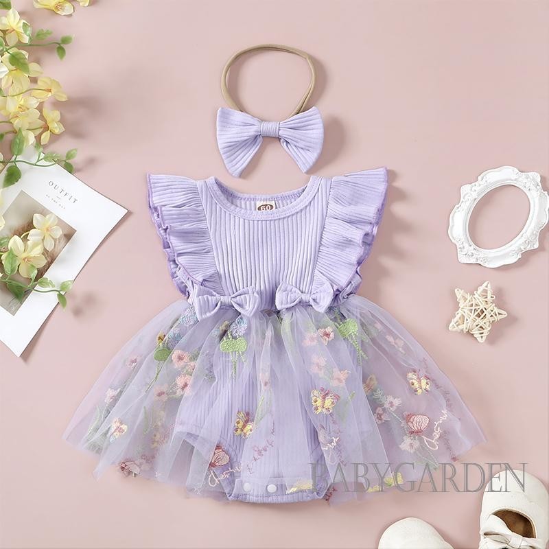 Baga-baby Bé Gái Áo Liền Quần Có Băng Đô Tay Bay Thêu Hoa Tulle Viền Trẻ Sơ Sinh Body Quần Áo Mùa Hè