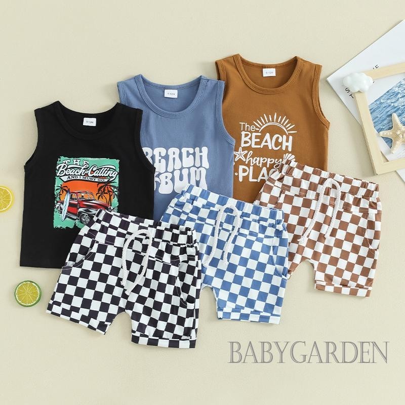 Baga-6 Tháng-4 Tuổi Bé Trai Bộ Chữ In Hình Ô Tô Áo Tank Không Tay + Checkerboard Quần Short Eo Co Giãn Mùa Hè