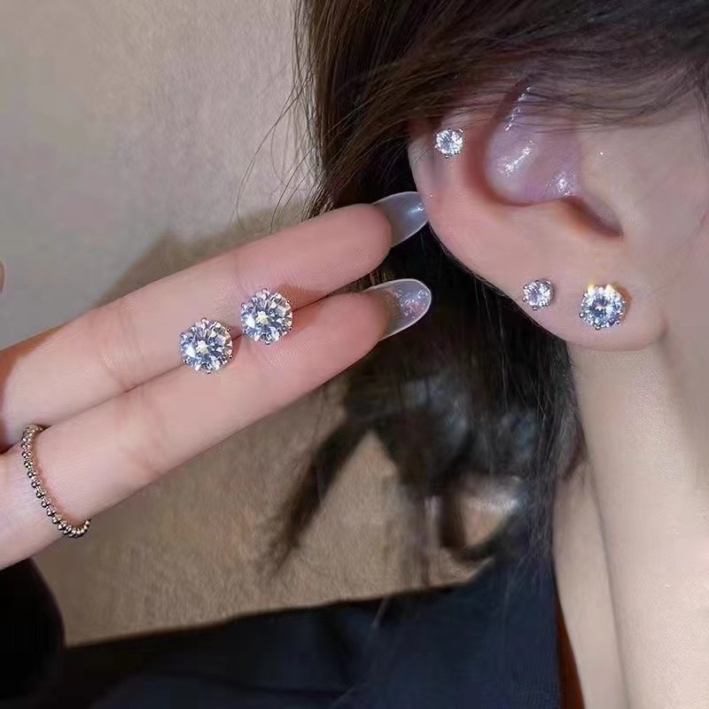 S925 Bạc Kim Zircon Mini Tươi Và Đơn Giản Sinh Viên Nước Trắng Kim Cương Bông Tai Kim Cương Khỏa Thân Cho Nam Nữ Phụ Kiện Thời Trang Bông Tai