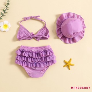 Mg-baby Girls Bộ trang phục đồ bơi mùa hè Áo treo cổ + Quần short xếp lớp + Mũ