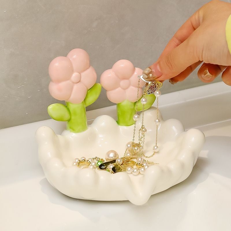 Khay Đựng Xà Phòng Thoát Nước Hoa Tulip - Khay Để Đồ Decor Bằng Gốm Sứ Hoạ Tiết Hoa Hồng Để Nhà Tắm
