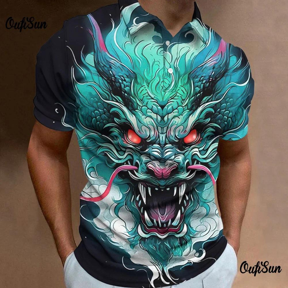 Áo polo nam có cổ họa tiết rồng 3D, tay ngắn, oversized, áo thun nam có nút, áo sweatshirt thường ngày cho nam, áo động vật