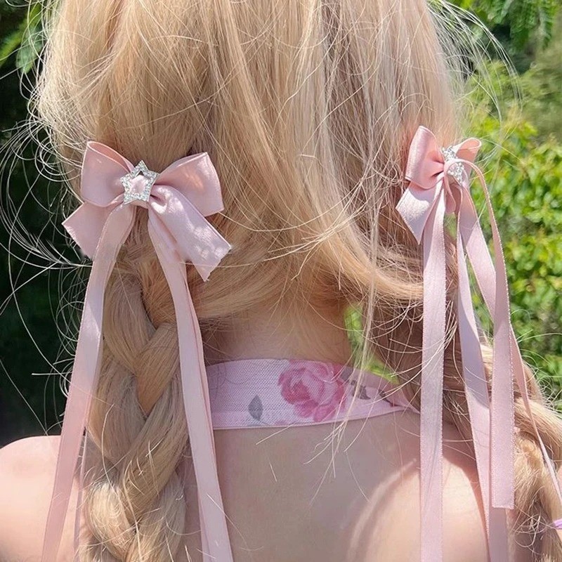 Phụ Nữ Màu Hồng Nơ Đen Ngôi Sao Ruy Băng Dài Kẹp Tóc ​- Kẹp tóc nơ Satin dễ thương ngọt ngào cho bé gái ​- Barrettes thời trang Hàn Quốc dành cho nữ ​- Phụ kiện tóc phổ biến
