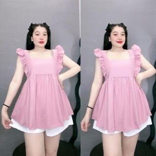 Set bộNHỎ CLOTHING bigsize nữ áo sơ mi cánh tiên kèm quần short eo chun co giãn chất lụa chéo mềm mát xinh xắn SET903