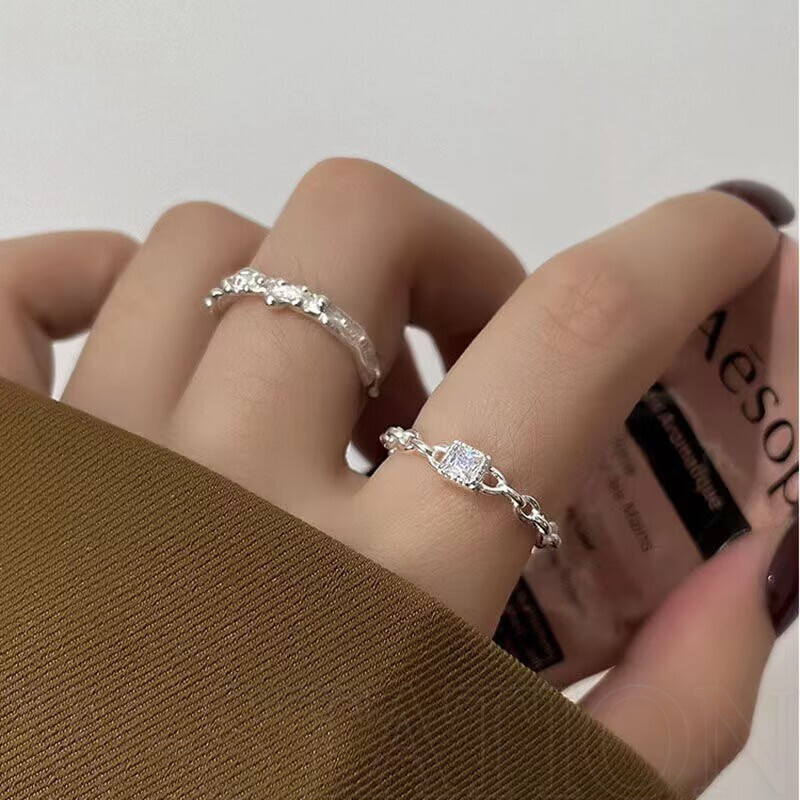 Nhẫn họa tiết thiếc vuông nhỏ sáng bóng - Nhẫn nhẹ nhàng sang trọng, có thể điều chỉnh, thanh lịch, cao cấp, mịn màng - Dành cho nữ và nam giới - Phụ kiện trang sức cá tính thời trang