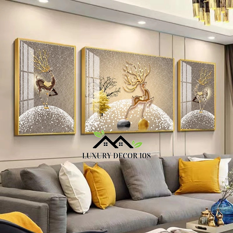 Bộ 3 Tranh Treo Tường Tráng Gương " Huơu Tuần Lộc" Trang Trí Phòng Khách, Phòng Ăn, Đại Sảnh... In UV5D Cao Cấp.