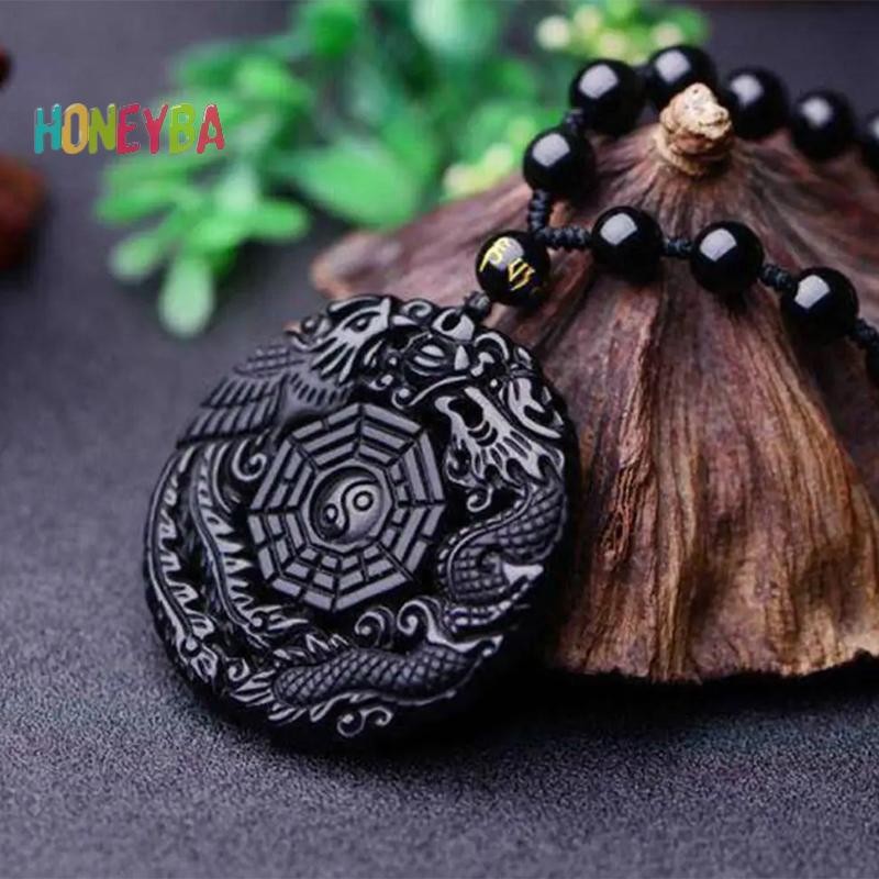 < Honeyba > Đen Tự Nhiên Obsidian Tay Khắc Rồng Trung Quốc Phượng Hoàng Chim Bùa Hộ Mệnh Vòng Cổ BaGua Dành Cho Nữ May Mắn Linh Vật Bùa Mặt Dây Chuyền