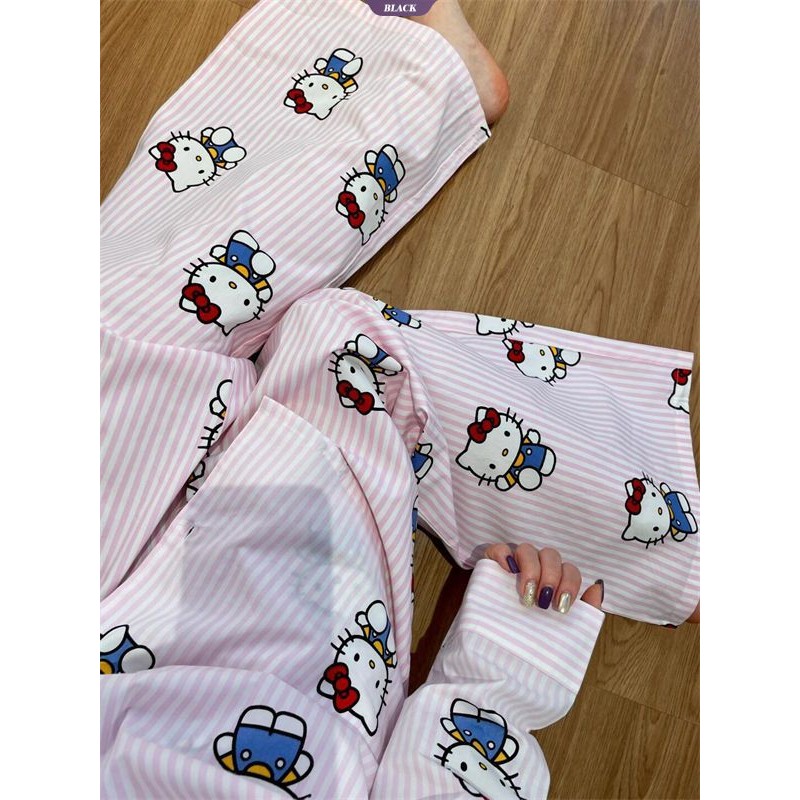 Bộ đồ ngủ sọc Hellokitty màu hồng Nữ Xuân Thu 2025 Quần dài tay mới Bộ đồ mặc nhà cho bé gái xinh đẹp [BL]