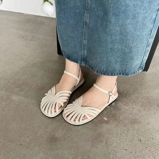 Dép sandal gót phẳng mũi tròn cho phụ nữ với một dây đeo và thiết kế rỗng thời trang