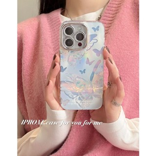 Phim Bảo Vệ Ống Kính Lấp Lánh Màu Xanh Bạc Họa Tiết Voan Bướm Ốp Lưng Điện Thoại iPhone 16Promax 12 13 14 15 Pro Max 11 Girly Bảo Vệ Toàn Diện Vỏ Di Động