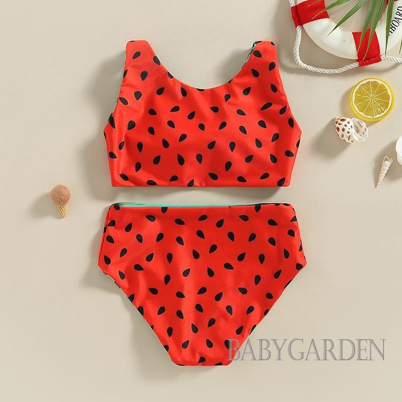 Baga-6 Tháng-4 Tuổi Bé Gái Bikini Bộ Không Tay Cổ Chữ V Dưa Hấu In Áo + Quần Đùi Đồ Bơi Đi Biển Mùa Hè