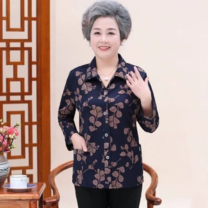 Trung Niên Người Cao Tuổi Mùa Hè Áo Sơ Mi Nữ Mắt Cá Chân Tay Dài Bà Quần Áo Ve Áo Sơ Mi Thoáng Khí Bà Già Mo