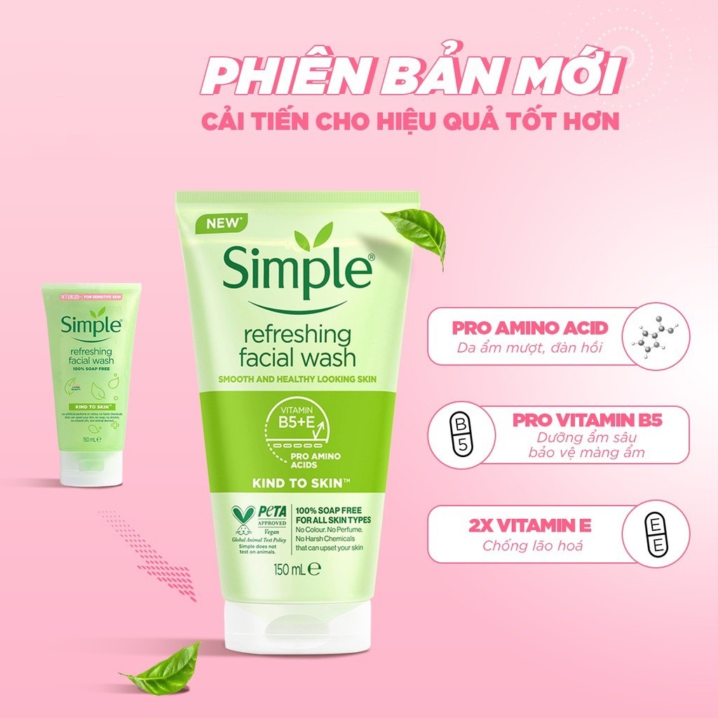 Sữa Rửa Mặt Simple Gel Kind To Skin Refreshing Facial Wash Gel 150ml - Anh Quốc