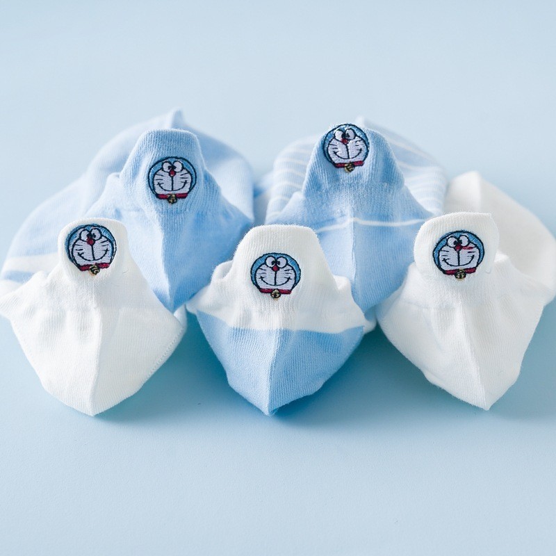 [[Thêu]] Tất Nữ Cotton Xanh Béo Mùa Xuân Hè Hút Mồ Hôi Doremon Thoáng Khí