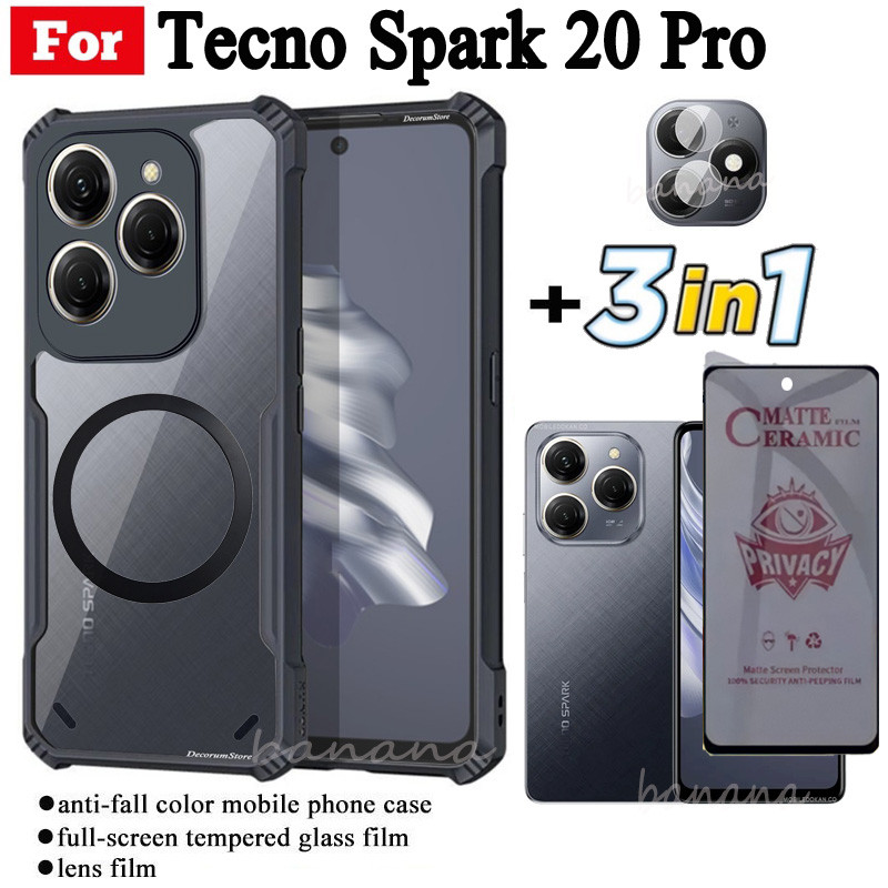Ốp điện thoại chống sốc 3 trong 1 Tecno Spark 20 Pro có nhãn dán sạc không dây từ tính cho Tecno Spark 20 20C Bảo vệ toàn diện Kính cường lực + Phim ống kính