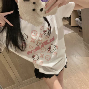 Phim hoạt hình Hello Kitty In Áo thun ngắn tay dáng rộng Nữ mùa hè Áo đa năng Dopamine ngọt ngào và đáng yêu [BL]