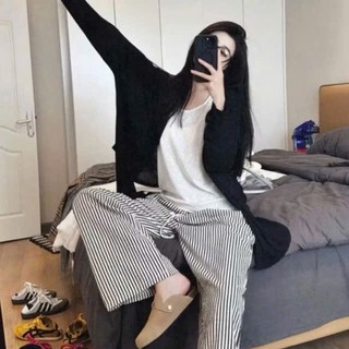 Quần Dài kẻ sọc ống rộng nữ dáng suông lưng cao cạp chun Sọc suông đen new