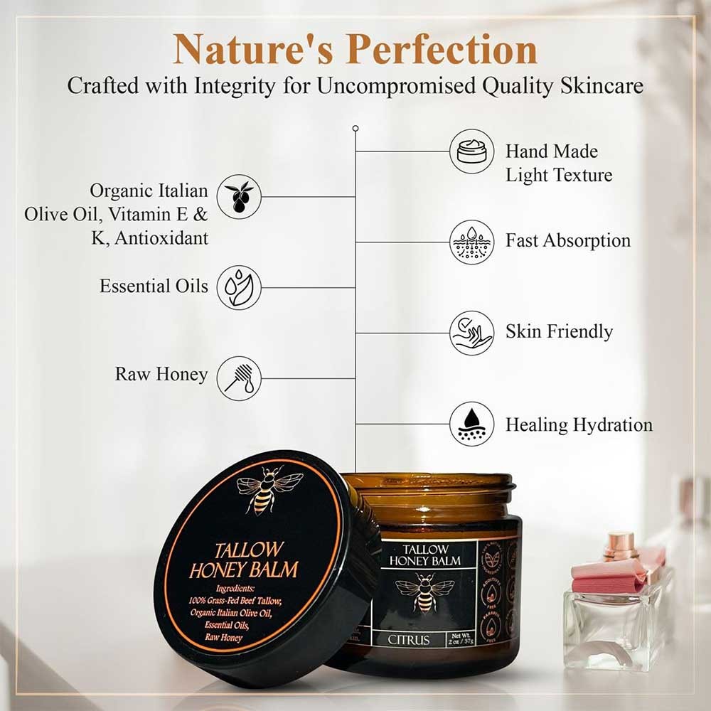Organic Grass-Fed Beef Tallow Balm with Raw Honey - Moisturizing Cream for Soft
