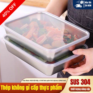 Khay Inox Đựng Thực Phẩm Bunnies House - Hộp Inox 304 Có Nắp Đậy Kín, Chữ Nhật Size Lớn