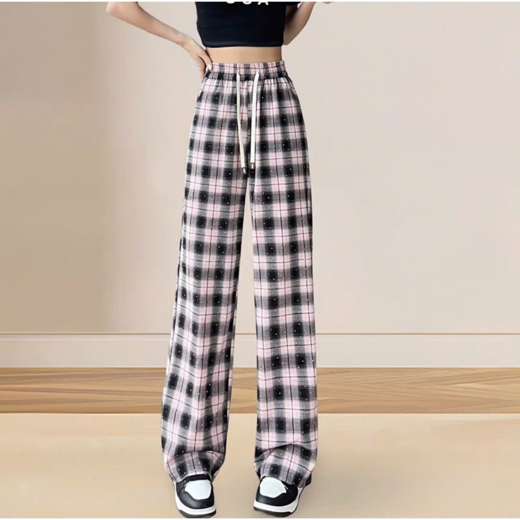 Quần Ống Rộng Kẻ Caro Đính Đá Siêu Hot Chất Vải Thô Mềm Mại Thoáng Mát