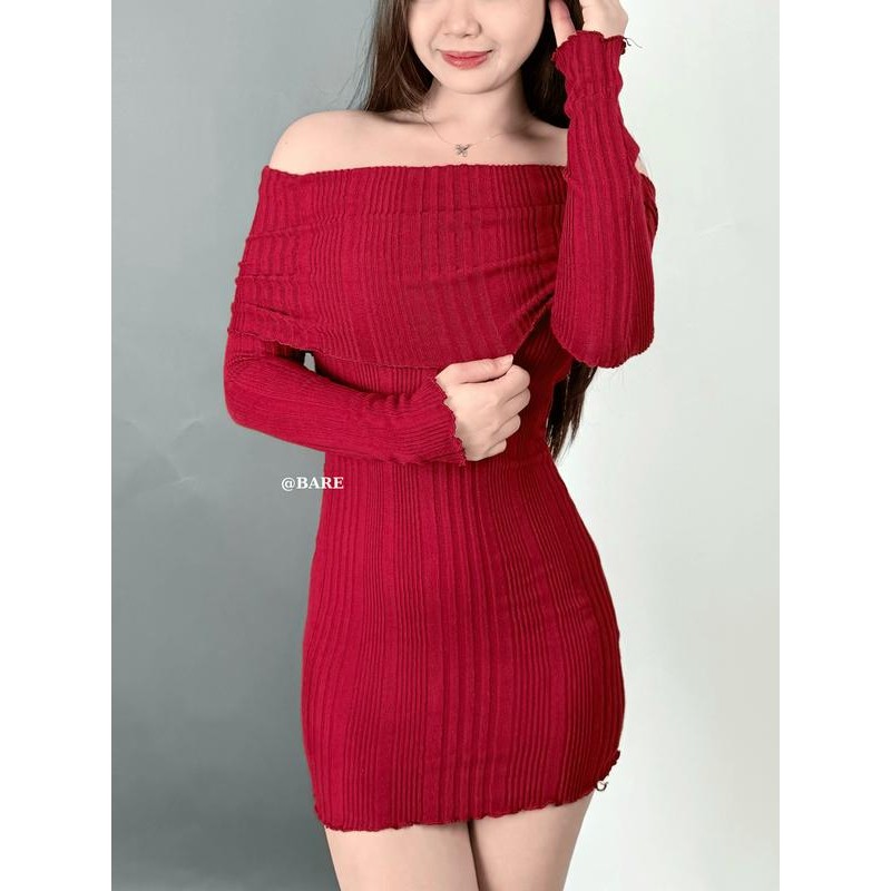 "Vải Len Gân" Đầm Ôm Body Nữ Trễ Vai Tay Dài Quyến Rũ, Đầm Noel Cho nữ_D02