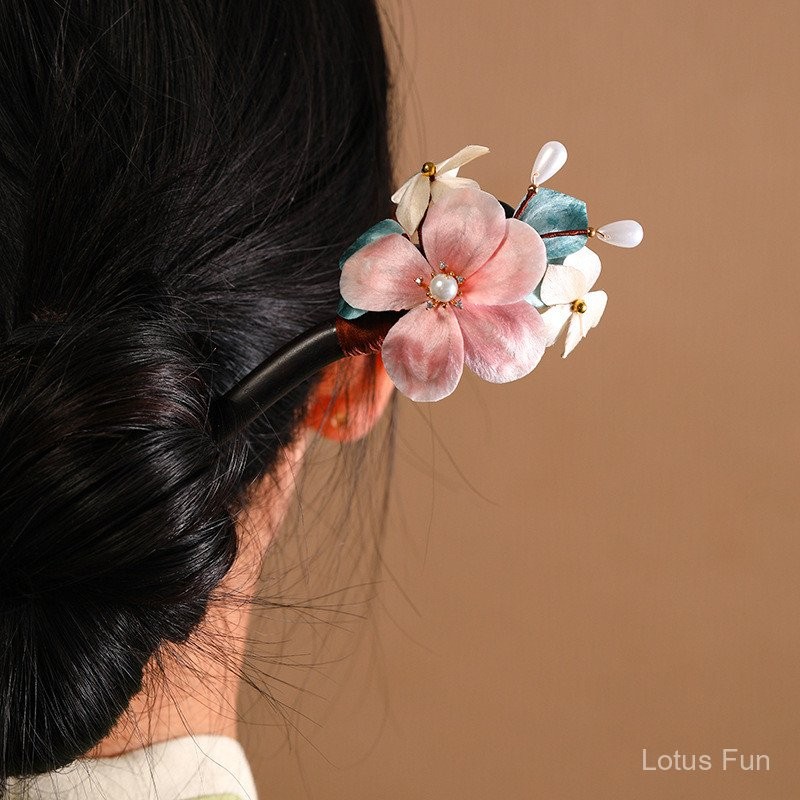 Di sản văn hóa phi vật thể, kẹp tóc bằng gỗ đàn hương, hoa nhung thủ công, phụ kiện Hanfu phong cách Trung Quốc mới, trang trí tóc cổ điển Osmanthus