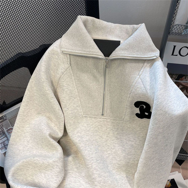 H Nửa Dây Kéo Ve Áo Cổ Áo Cotton Nguyên Chất Áo Thêu Mỏng