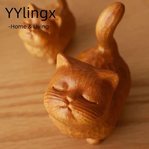 YYlingx Mèo khắc gỗ, Đồ trang trí máy tính để bàn Đồ trang trí mèo bằng gỗ, Quà tặng Nhỏ dễ thương Động vật nhỏ thu nhỏ