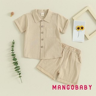 Mg-toddler Bé Trai Mùa Hè Cotton Vải Lanh Trang Phục Màu Trơn Tay Ngắn Nút Xuống Áo Sơ Mi Có Quần Short