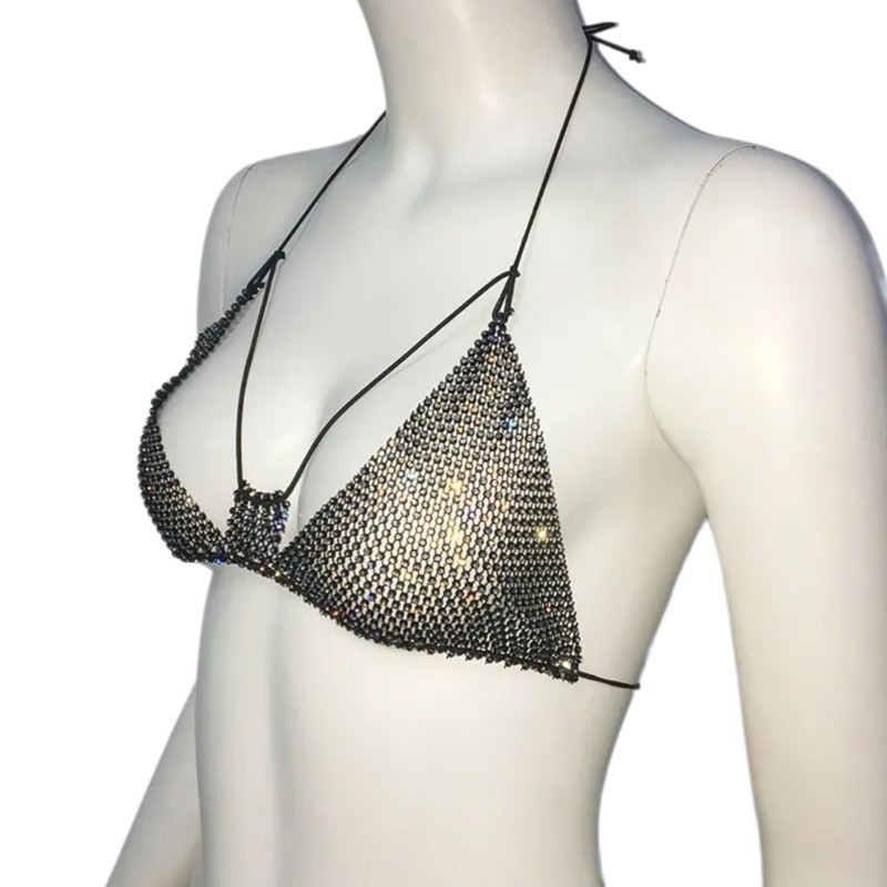 Da Rỗng Dây Cổ Chữ V Không Lưng Kim Cương Giả Lưới Áo Ngực Cơ Thể Trang Sức Crop Top