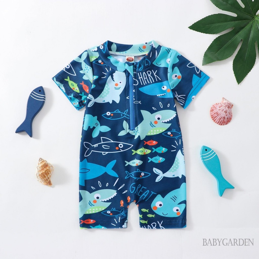 Baga-0-5 Tuổi Bé Trai Mùa Hè Đồ Bơi Thường Ngày Cá Mập In Hình Tay Ngắn Dây Kéo Áo liền quần Đồ Bơi Đi Biển