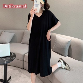 Phụ Nữ modal Cổ Chữ v plus Kích Thước Tay Ngắn Váy midi Mùa Xuân 2024 Mới Thoải Mái Mềm Mại Co Giãn Trơn Thường Ngày Mỏng loungewear