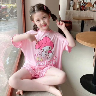 Bộ đồ ngủ tay ngắn họa tiết hoạt hình phong cách kuromi xinh xắn cho bé gái