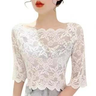 [Chất lượng cao] Áo crop top nữ THEHOMECO, Áo sơ mi nửa tay có cổ một chữ, Áo thun ren thêu thời trang dành cho nữ
