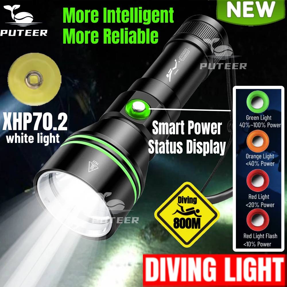 Đèn pin Puteer DV79 chống thấm nước IPX8, màn hình LED thông minh dành cho lặn
