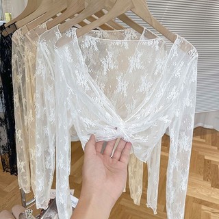 Nữ Mùa Hè Ren Đáy Áo Sơ Mi Chống Nắng Khăn Choàng Ngắn Gạc Rỗng Lưới Top Mỏng