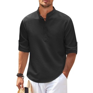 [Plus Size] Áo sơ mi nam cổ đứng có nút mở dài tay Henley Áo thun kẻ sọc dứa Áo phông Oversize