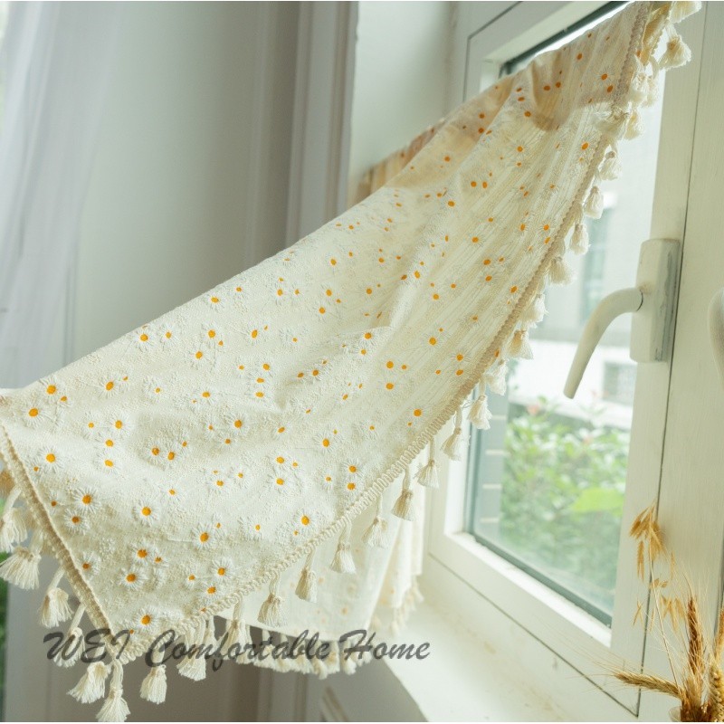 Rèm cotton hoa cúc tua rua kiểu Nhật cho cửa sổ bếp, ngắn, trang trí cửa cà phê