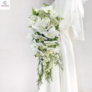 Bó hoa cưới cầm tay cô dâu từ hoa nhân tạo lụa và cao su  kiểu thác đổ dáng dài CEVERIA TĐ01