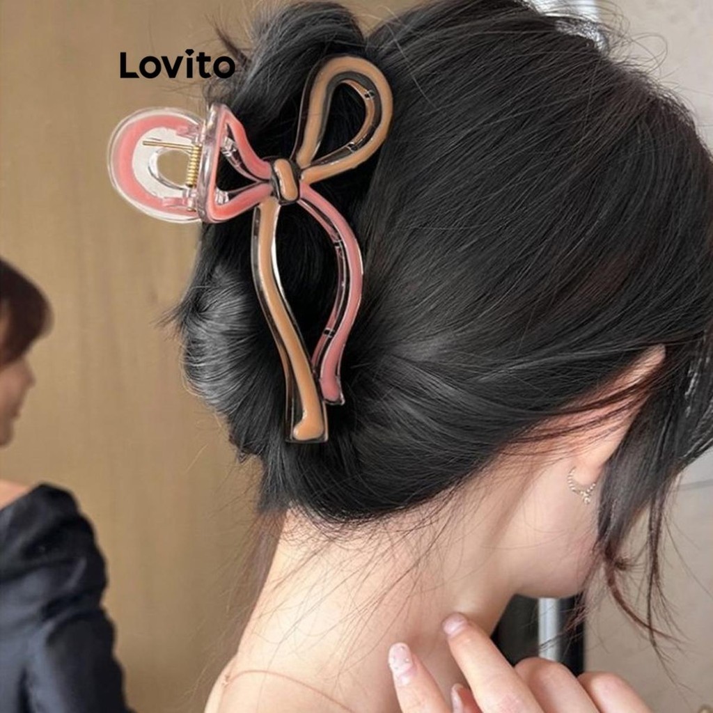 Ảnh Kẹp tóc Lovito màu trơn nơ ghép nối màu sắc phong cách thường ngày cho nữ LFA30377 1