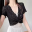 Áo thun ren DELMER, Áo Crop top lưới cổ chữ V rỗng, sọc thời trang xuyên thấu phong cách Hàn Quốc Khăn choàng chống nắng cho nữ