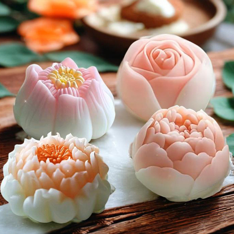 Khuôn silicon DIY 3D hoa sen/hồng/mẫu đơn/hibiscus làm bánh trung thu, mousse, thạch cao, nến, xà phòng