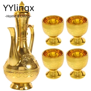 YYlingx [Tất cả đều có trong kho] Ấm Trà, Cốc Đền Vàng Trang Trí Vintage, Cốc Altar Trang Trí Hộ Gia Đình Kính Rượu Cổ Điển