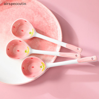 Airpeccutin Dâu Gốm Canh Thìa Dễ Thương Hàn Quốc Kem Vẽ Tay Cà Phê Món Tráng Miệng Tay Cầm Dài Thìa Phụ Kiện Nhà Bếp EN